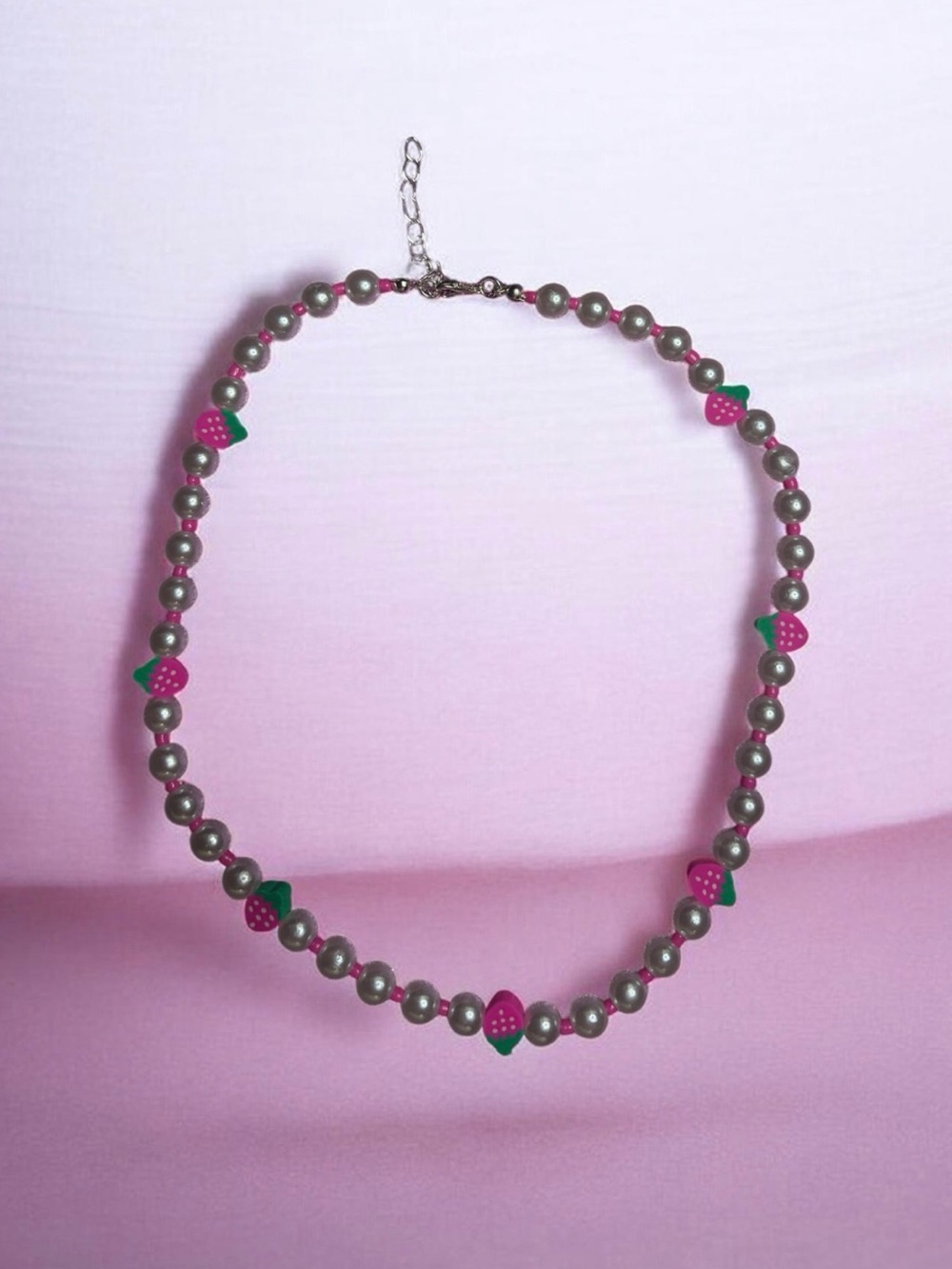 Pink Strawberry Accent Pearl Bead Necklace - Women's Jewelry